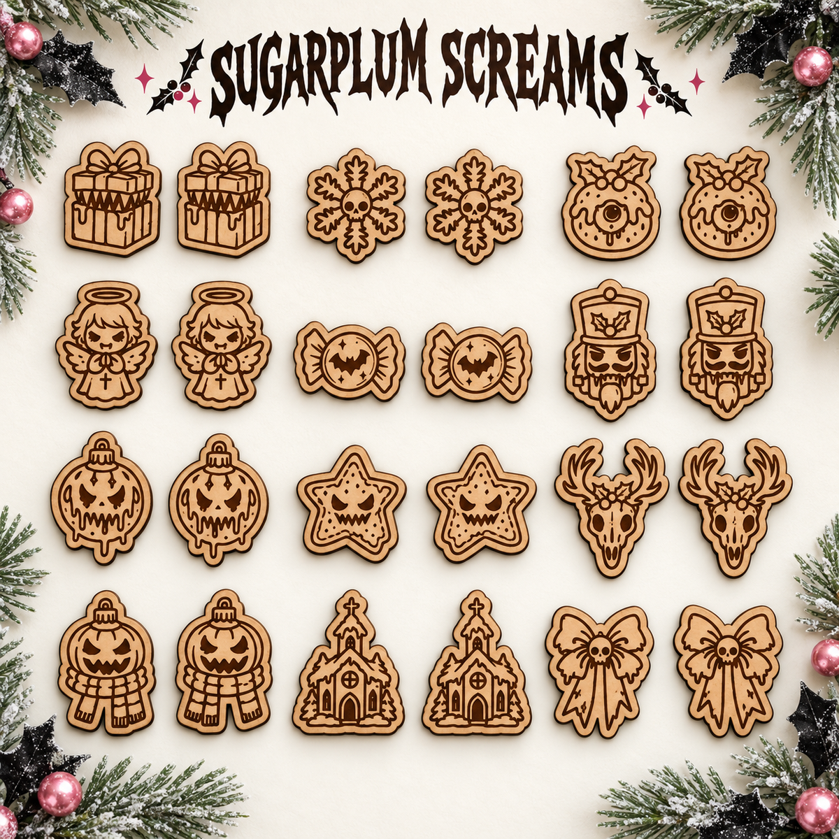 Natural MDF mockups of 12 horror Christmas stud earring pairs
