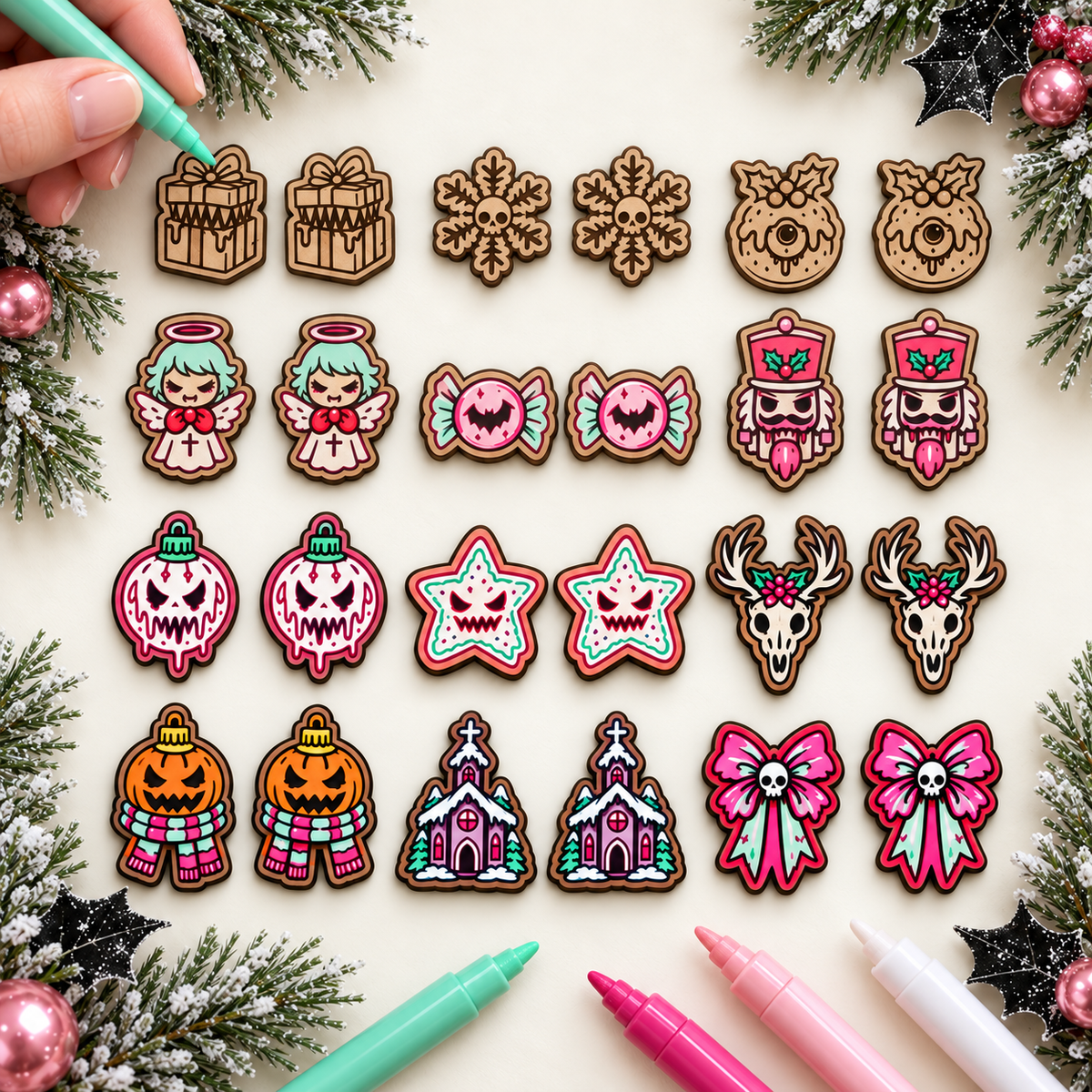 Sugarplum Screams wood stud earrings being painted with acrylic paint pens