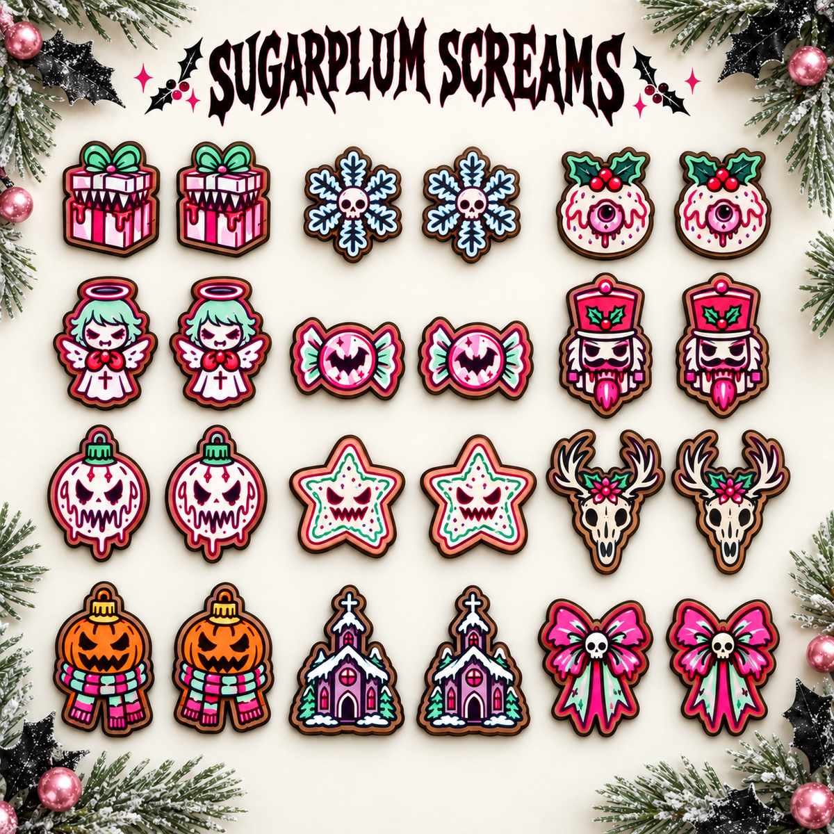 Painted kawaii horror Christmas stud earring mockups in 12 matching pairs