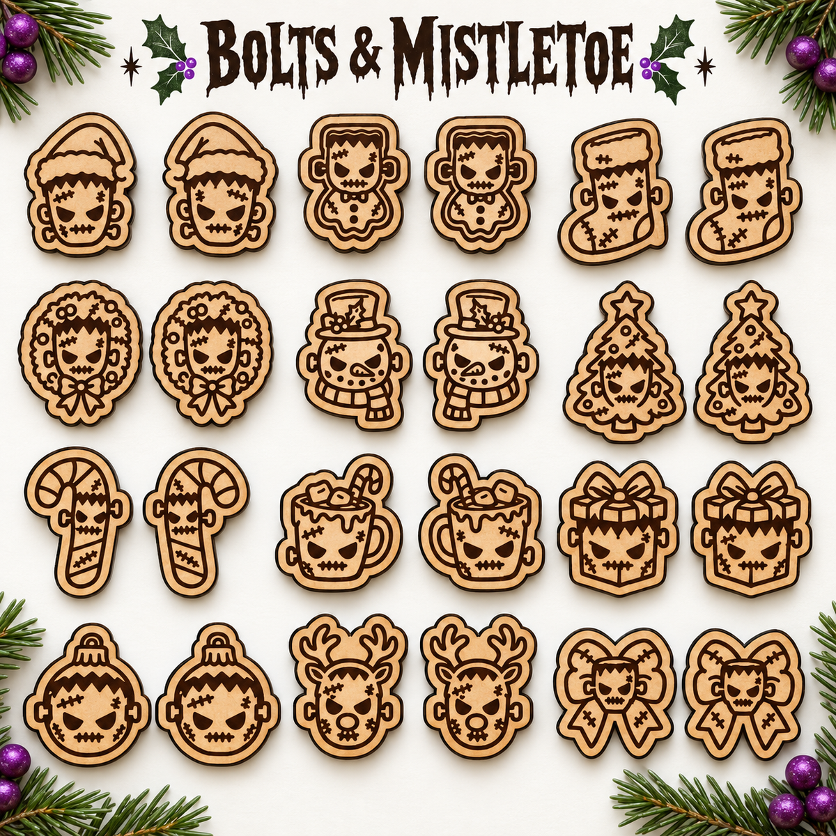 Natural MDF Frankenstein Christmas stud earring engraving mockups