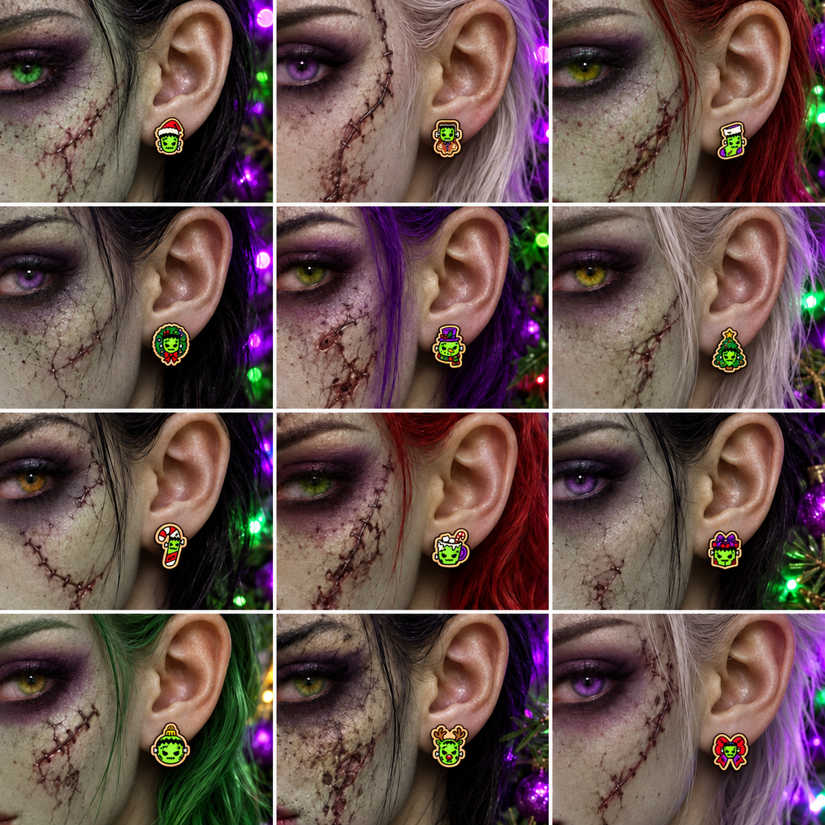Twelve Frankenstein Christmas stud designs modeled on zombie ears