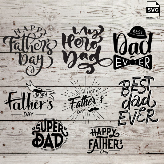 Father's Day SVG bundle with eight dad-themed lettering designs on whitewashed wood, labeled SVG digital file.