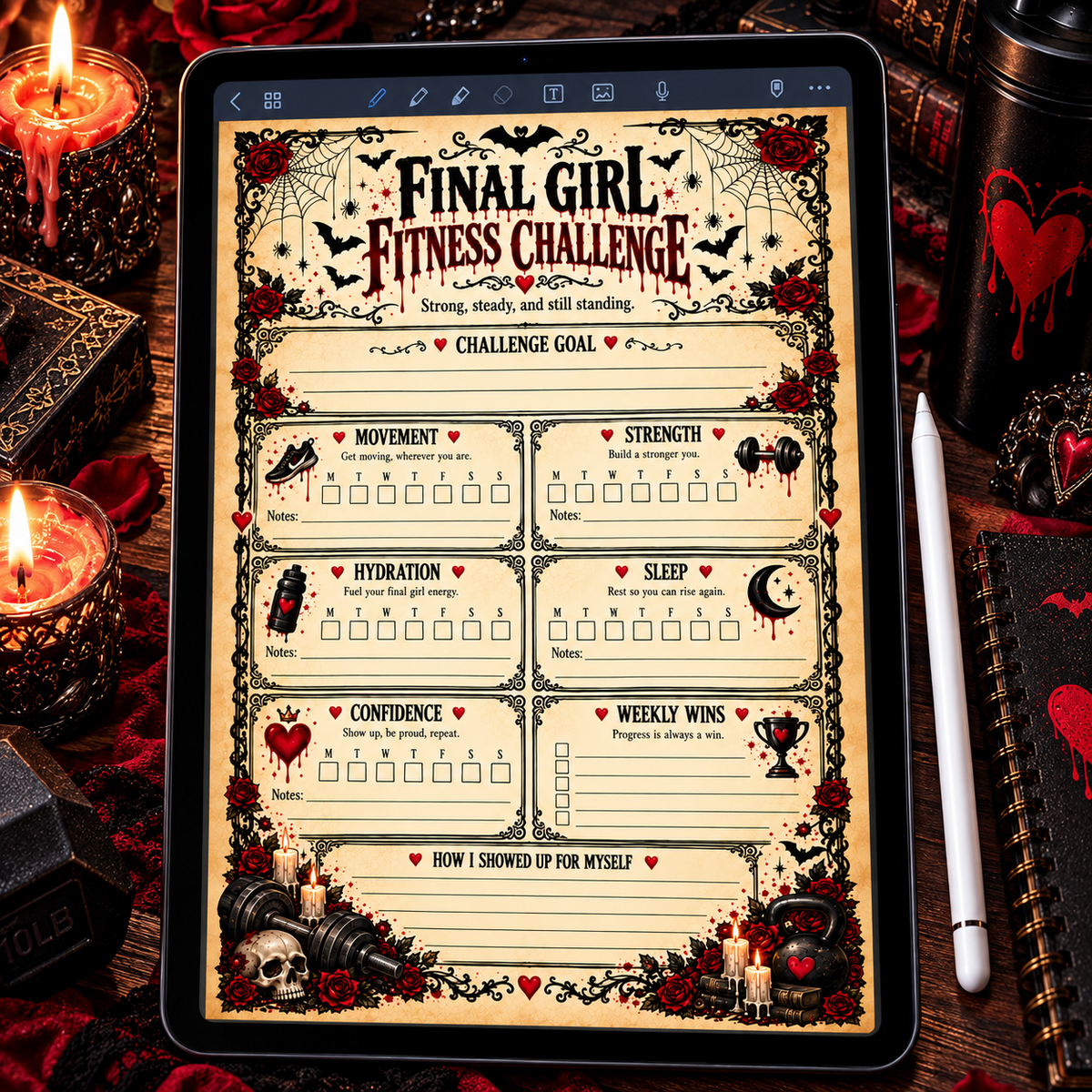 Final Girl Fitness Challenge digital journal page displayed on an iPad for GoodNotes and digital journaling