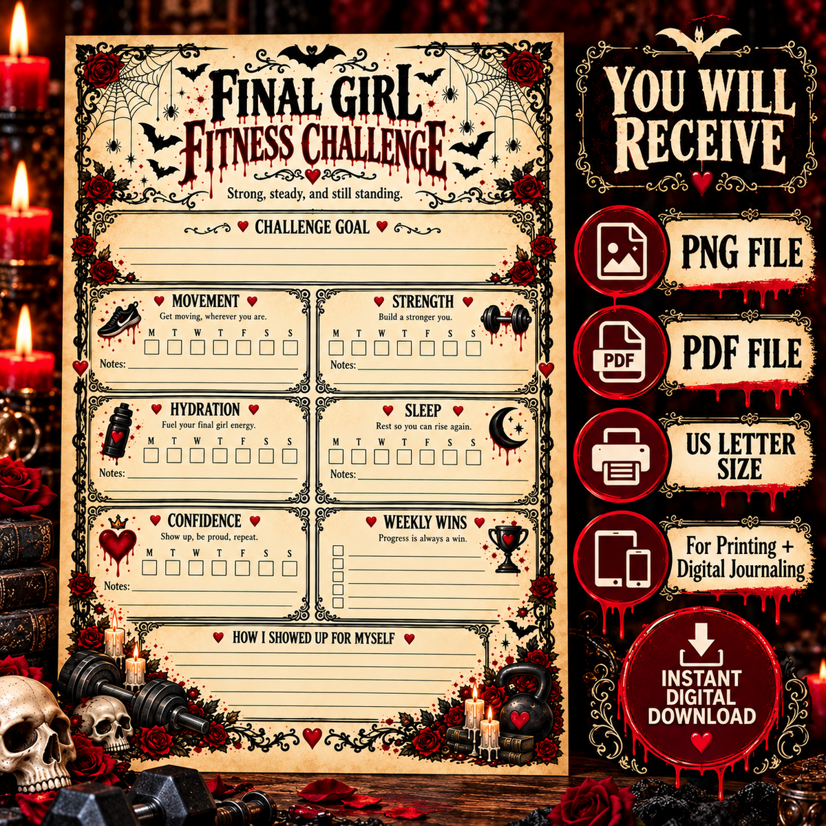 Final Girl Fitness Challenge digital download includes PNG and PDF files in US Letter size for printing and digital journaling