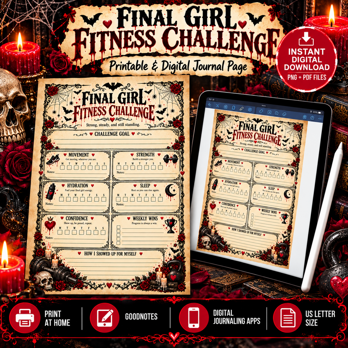 Final Girl Fitness Challenge printable and digital journal page with PNG PDF instant download information
