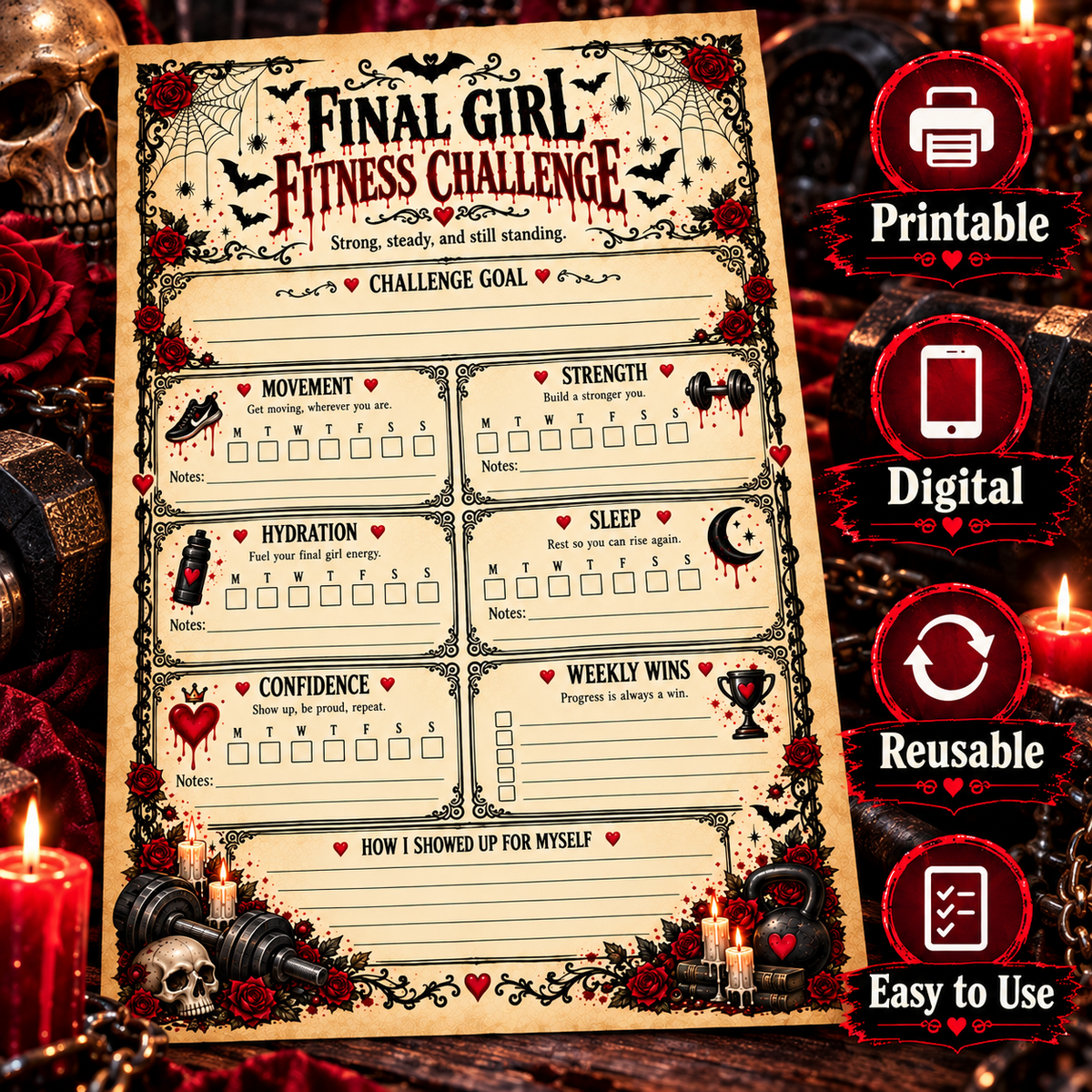 Final Girl Fitness Challenge printable digital reusable journal page for fitness tracking