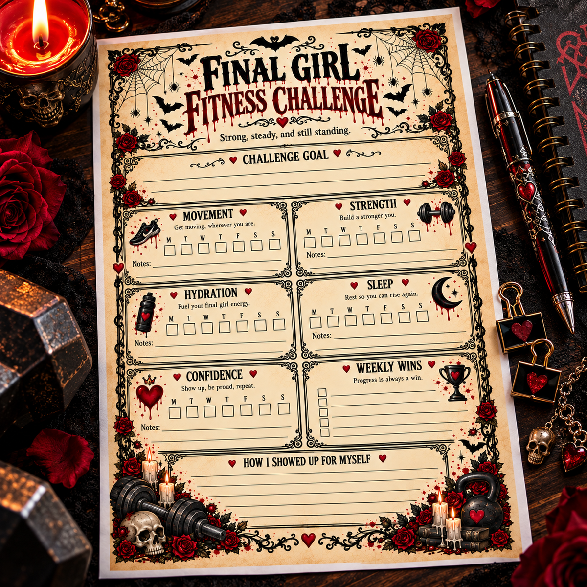 Final Girl Fitness Challenge printed US Letter fitness journal page in a gothic planner lifestyle scene