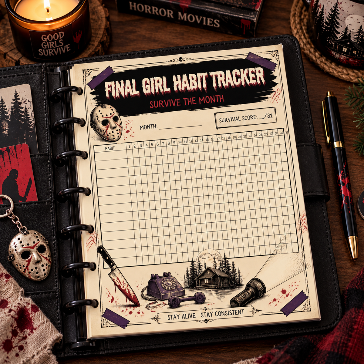 Final Girl Habit Tracker printable journal page displayed in a black binder with horror themed desk accessories