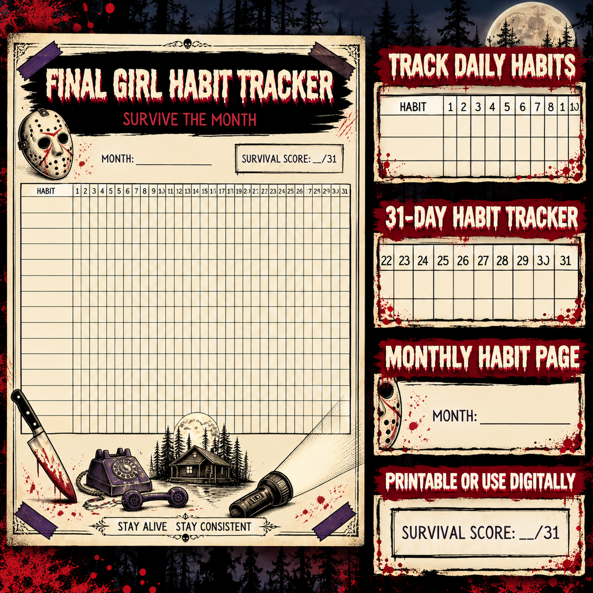 Final Girl Habit Tracker feature details showing the 31 day habit grid, month field, survival score, and printable or digital use