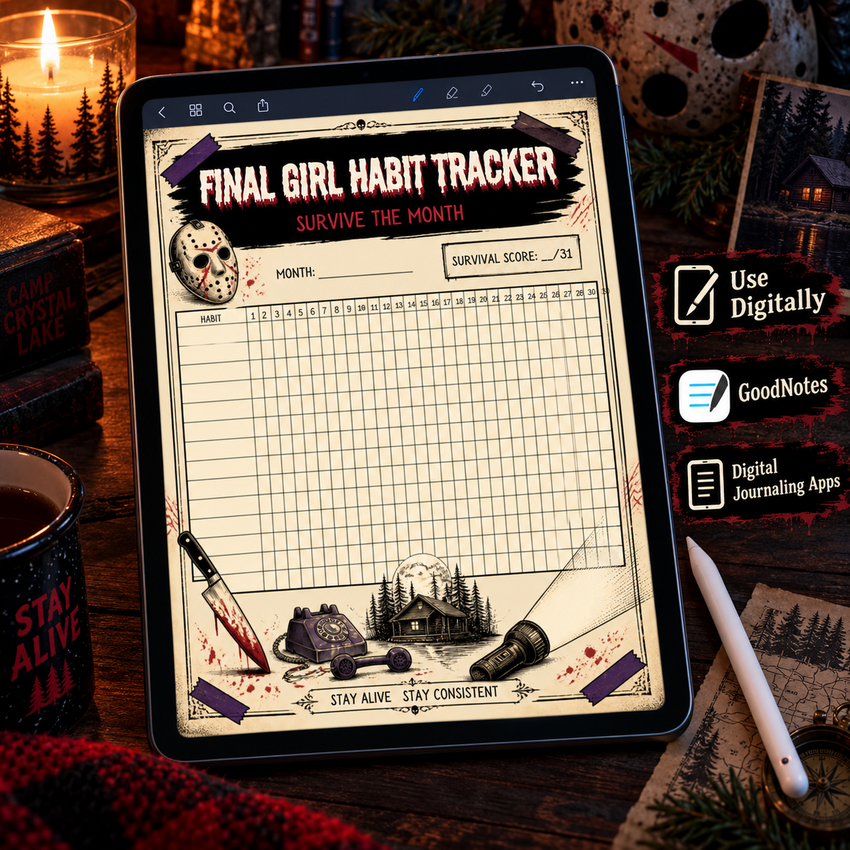 Final Girl Habit Tracker displayed on an iPad style tablet for GoodNotes and digital journaling apps
