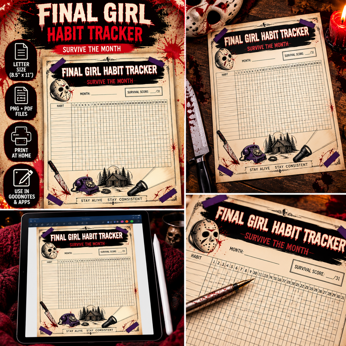 Final Girl Habit Tracker printable and digital journal page collage showing Letter size, PNG and PDF files, print at home, and GoodNotes use
