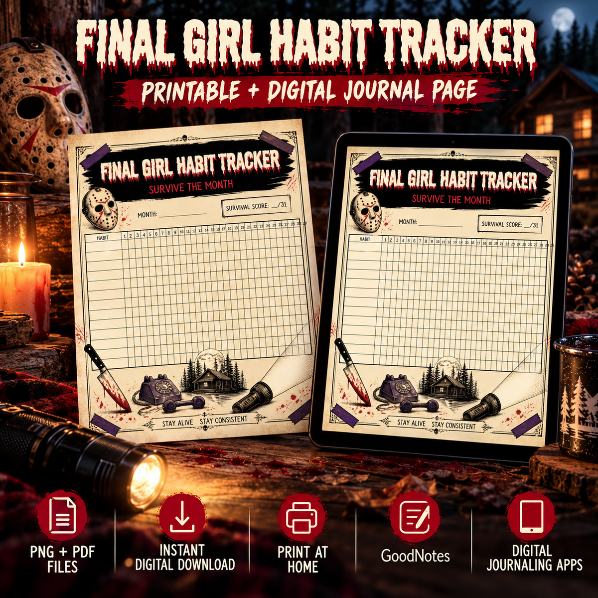 Final Girl Habit Tracker printable and digital journal page shown as a printed sheet and tablet mockup with PNG and PDF instant download features
