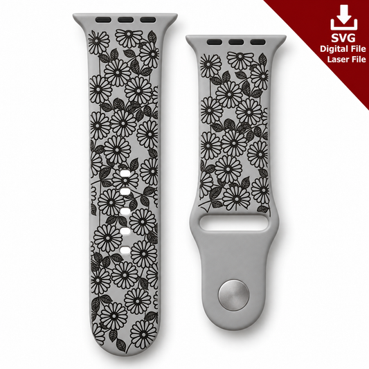 Flower watch band SVG laser engraving file shown as a finished engraved gray silicone watch band mockup