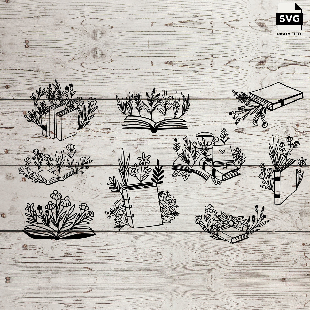 Flowers and books. SVG digital download preview.