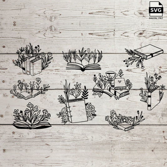 Flowers and books. SVG digital download preview.