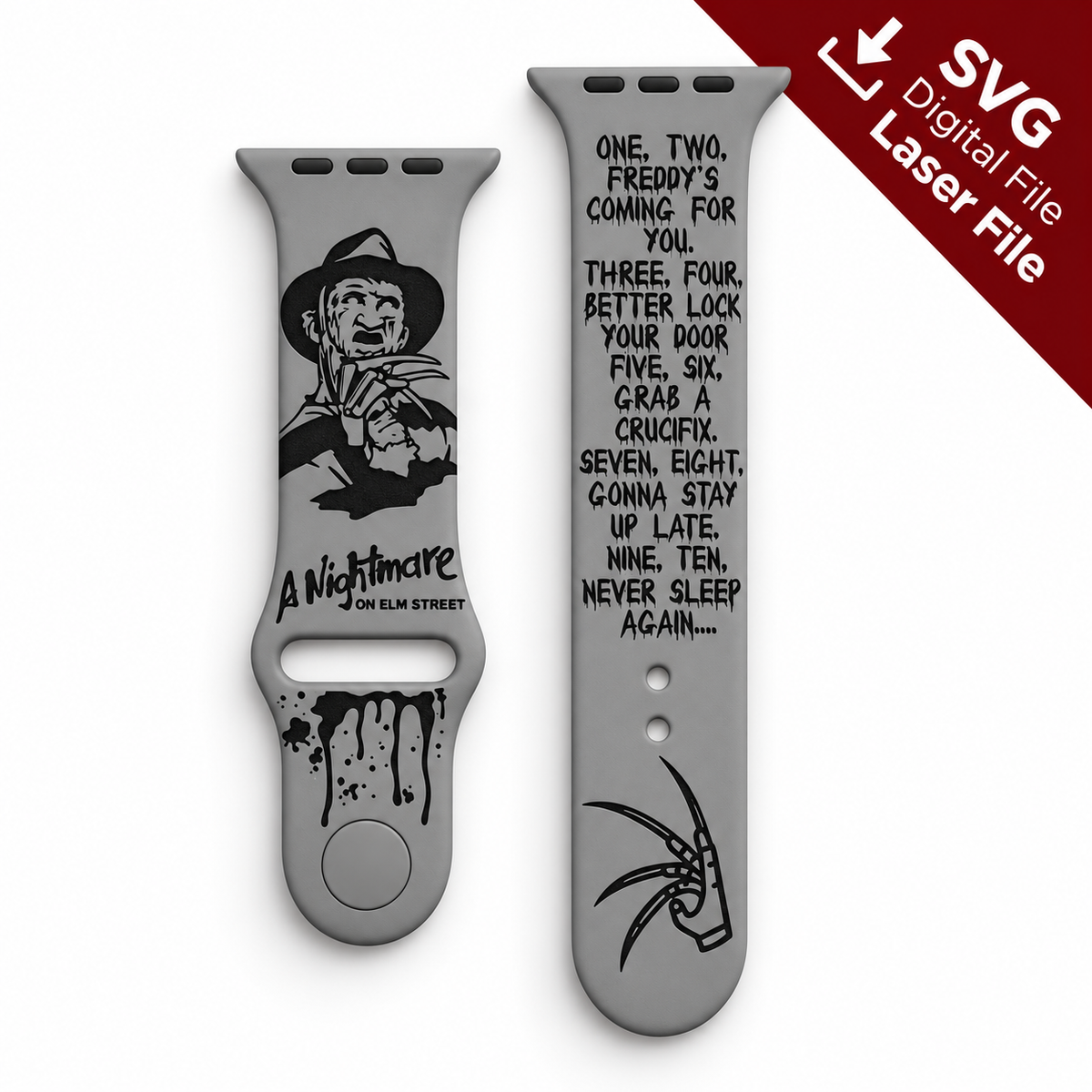Freddy Krueger-inspired watch band SVG laser engraving file shown as a finished engraved gray silicone watch band mockup
