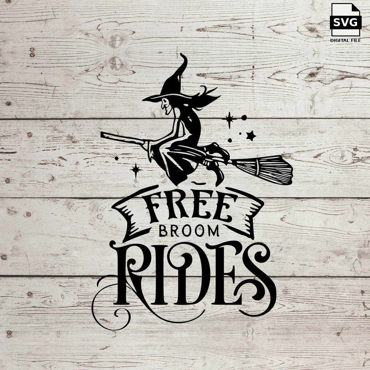 Witch on a broom with Free Broom Rides lettering. SVG digital download preview.