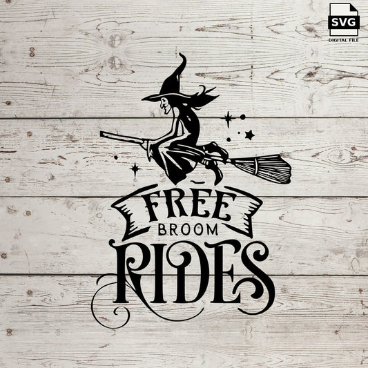 Witch on a broom with Free Broom Rides lettering. SVG digital download preview.