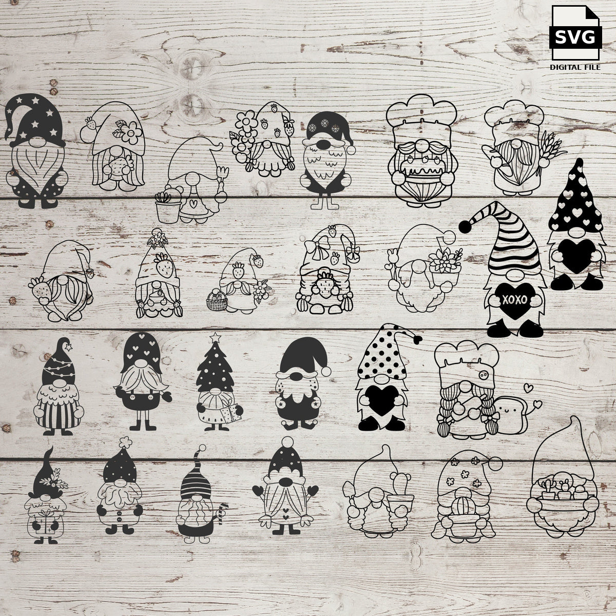 Collection of gnomes and elves with varied hats and accessories on a wood background. SVG digital download preview.