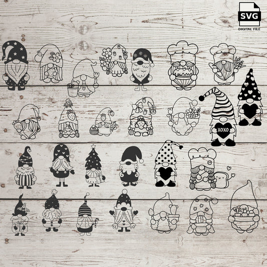 Collection of gnomes and elves with varied hats and accessories on a wood background. SVG digital download preview.