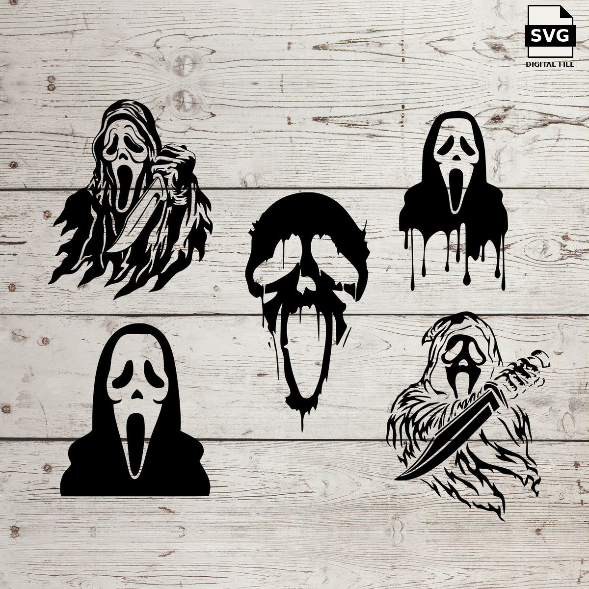 Five Ghostface horror designs. SVG digital download preview.