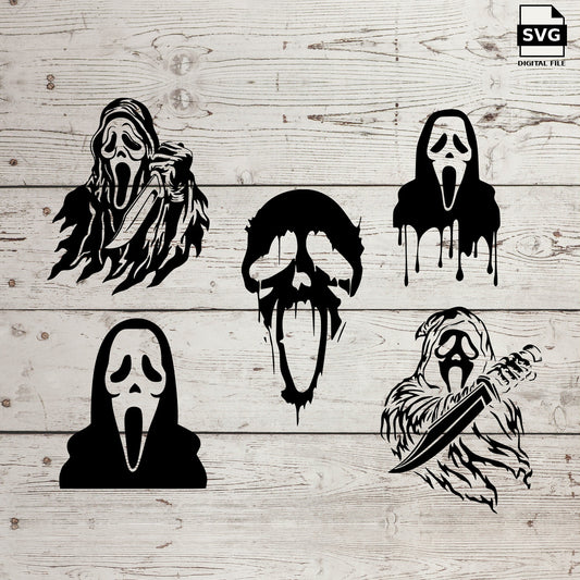 Five Ghostface horror designs. SVG digital download preview.