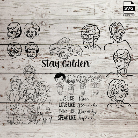 Golden Girls SVG bundle featuring Dorothy, Rose, Blanche and Sophia portraits, group artwork and quotes on wood.