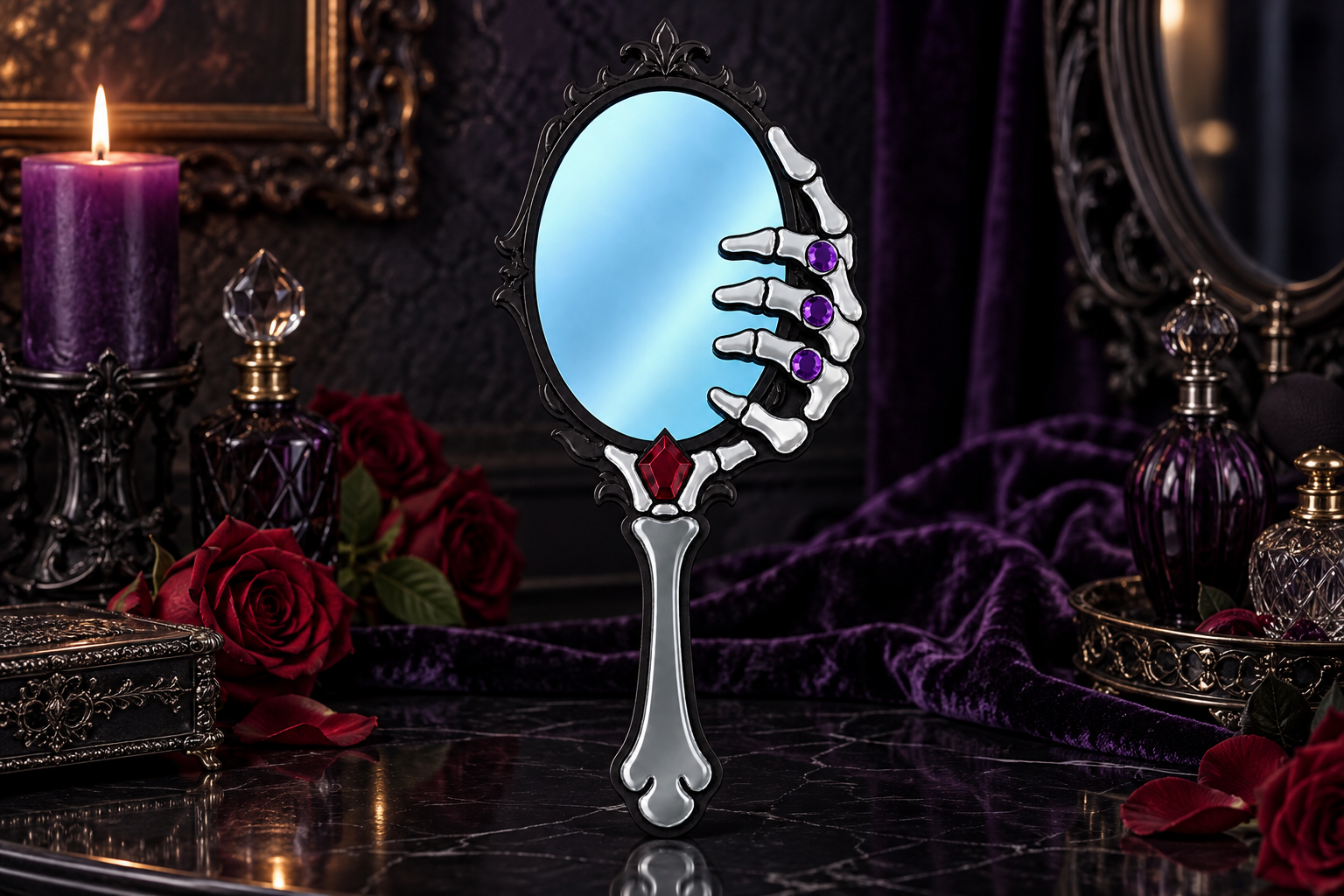 A gothic-style hand mirror with a skeleton hand holding the oval mirror, adorned with purple gemstones and a red jewel at the base of the handle, set on a dark marble surface with a purple velvet backdrop and candles.