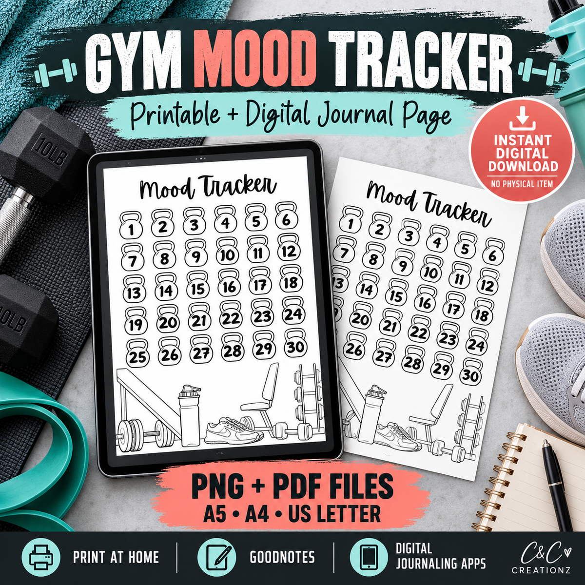 Gym mood tracker printable and digital journal page PNG PDF A5 A4 US Letter for Goodnotes and fitness journaling