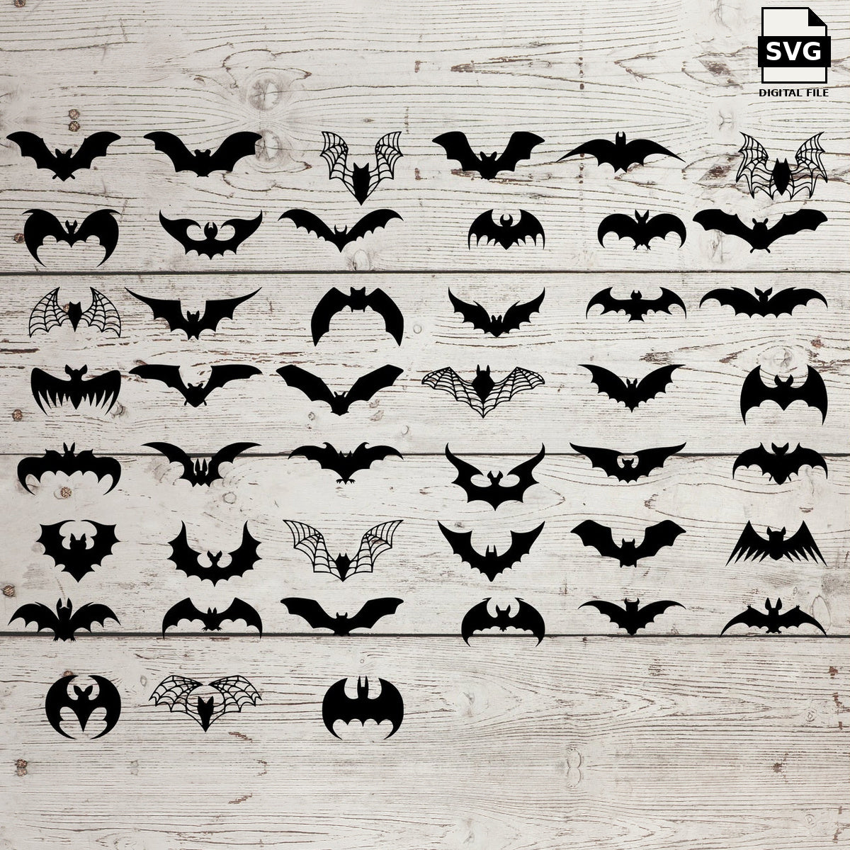 Collection of Halloween bat silhouettes and detailed bat designs. SVG digital download preview.