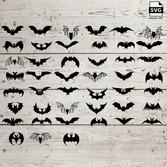 Collection of Halloween bat silhouettes and detailed bat designs. SVG digital download preview.
