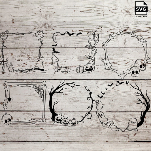Six Halloween frames with bats, spiderwebs, skulls, pumpkins and bare trees. SVG digital download preview.