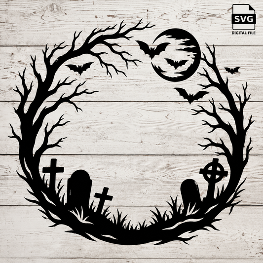 Halloween Graveyard Circle Frame SVG digital file design on whitewashed wood with SVG Digital File badge in the top-right corner.