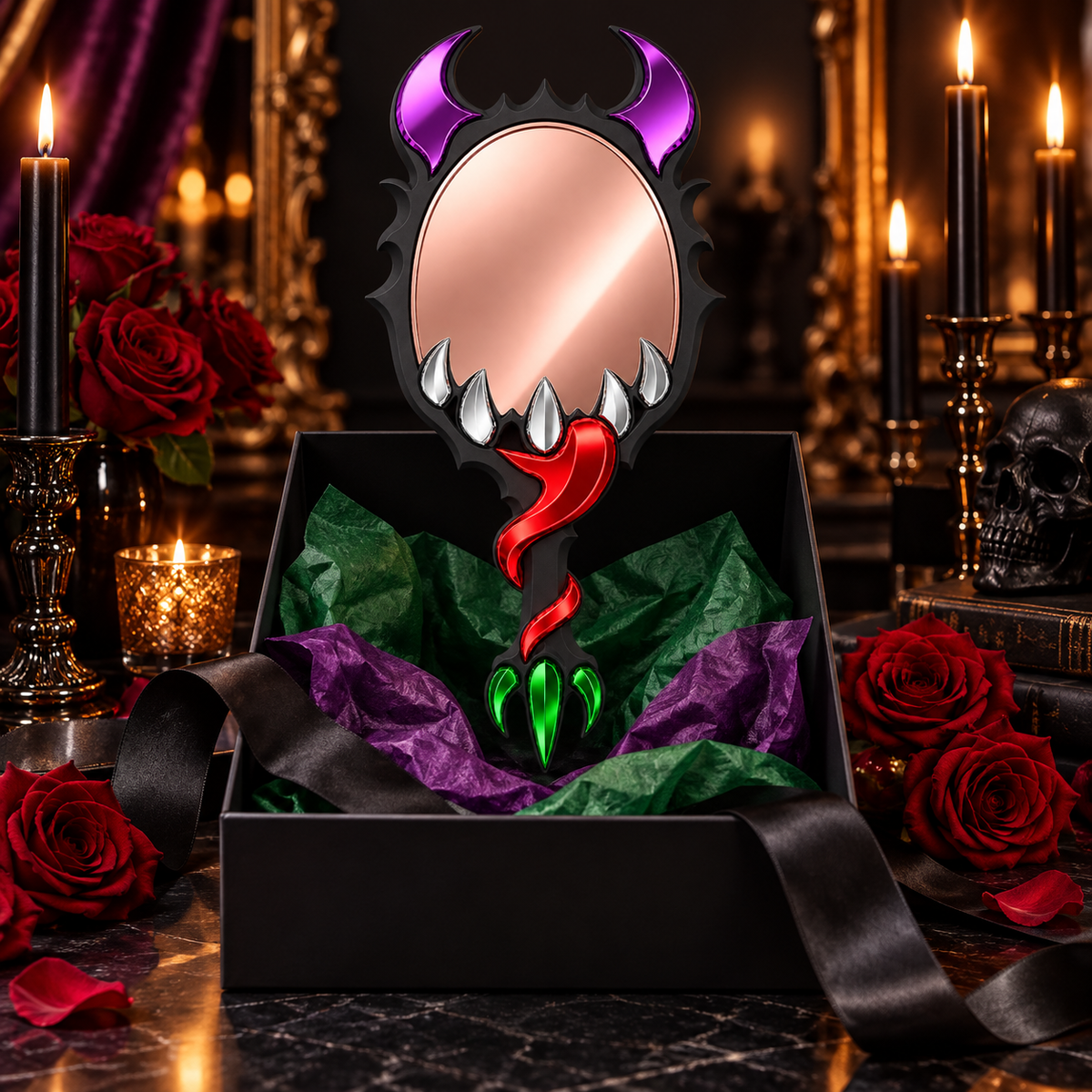 A gothic-themed gift box containing a decorative mirror with purple horns, white teeth, and a red tongue, surrounded by red roses, black candles, and dark tissue paper.