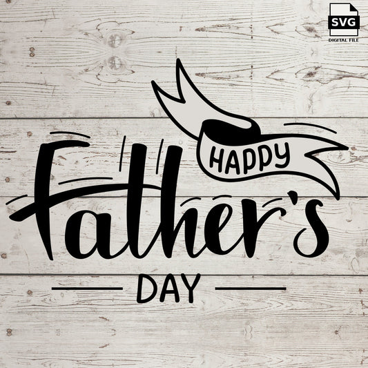 Happy Father’s Day lettering with a ribbon banner on a wood background. SVG digital download preview.