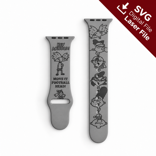 Hey Arnold-inspired watch band SVG laser engraving file shown as a finished engraved silicone watch band mockup