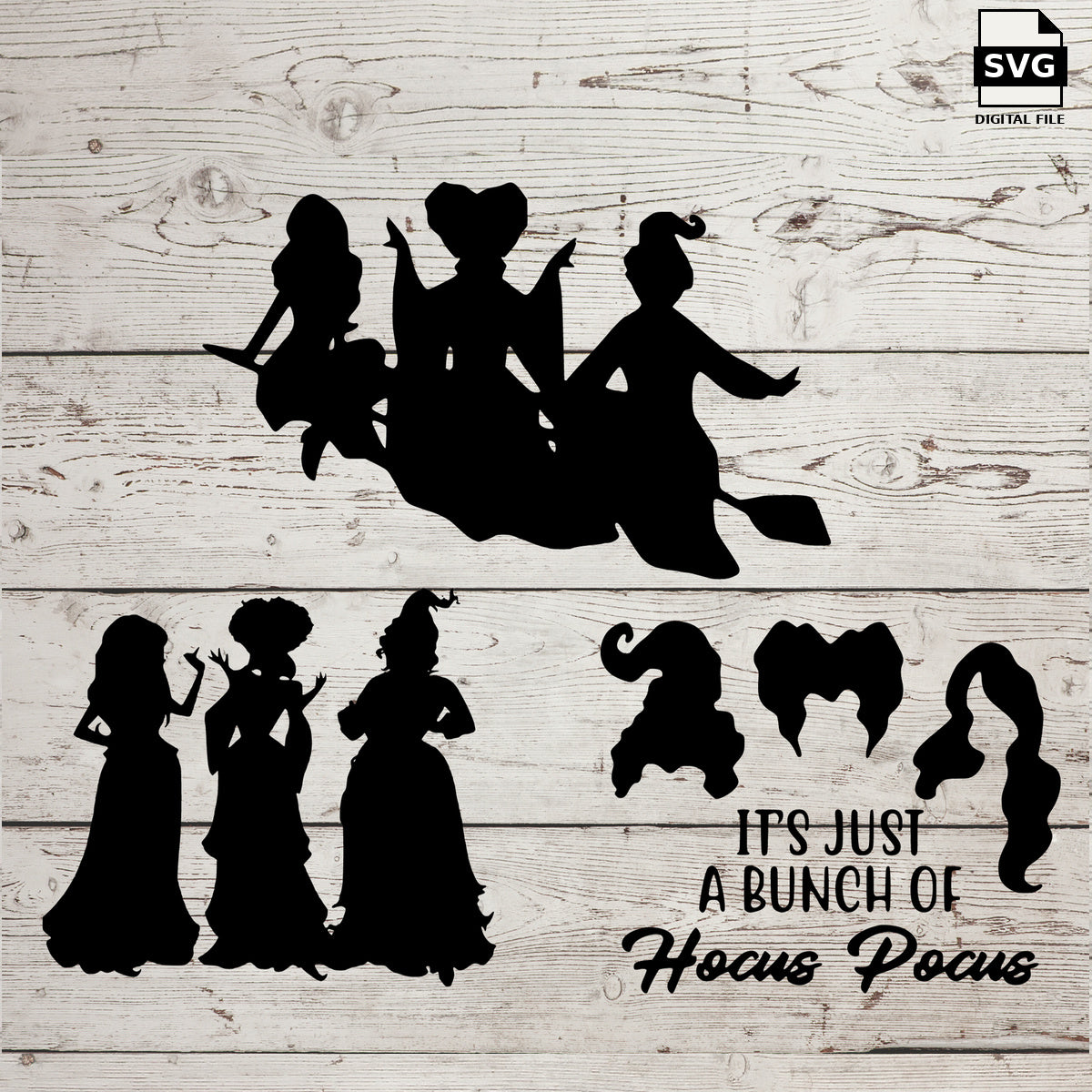 Hocus Pocus witch silhouettes and quote designs. SVG digital download preview.