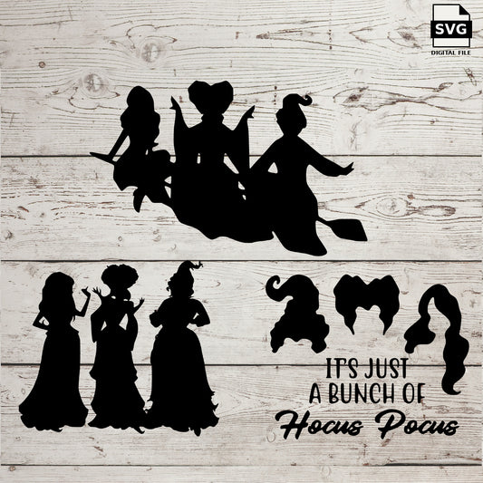 Hocus Pocus witch silhouettes and quote designs. SVG digital download preview.