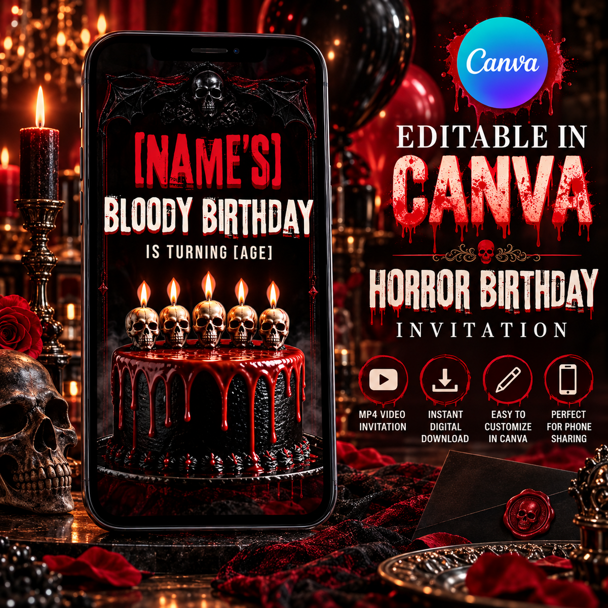 Editable horror birthday video invitation in Canva with MP4 digital download for phone sharing