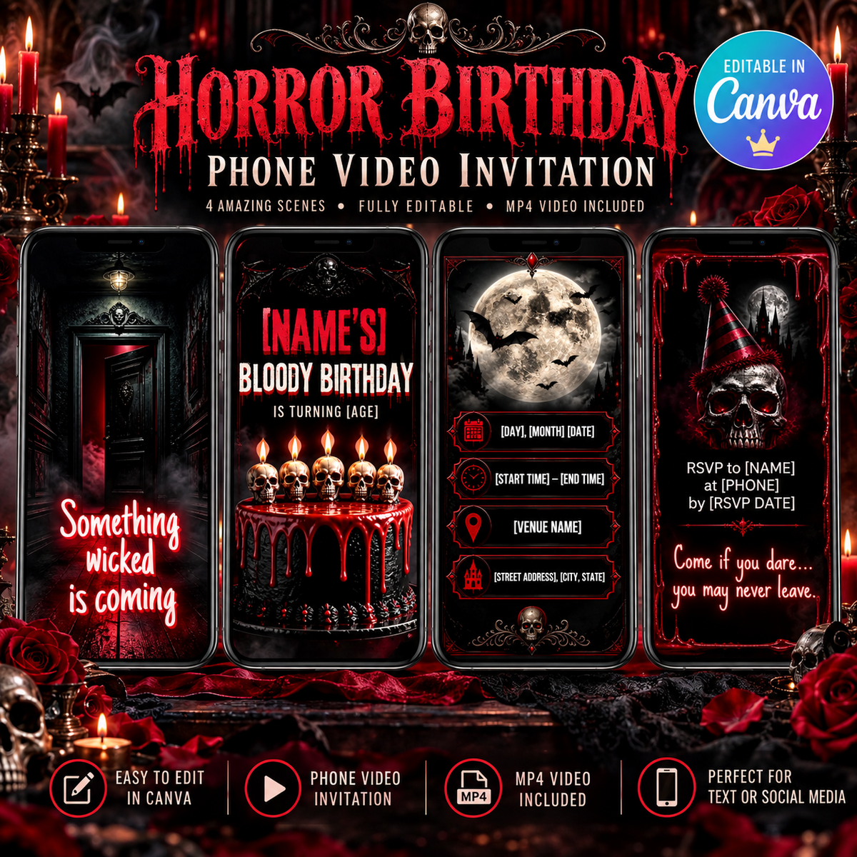 Horror birthday video invitation showing four editable phone scenes for Canva