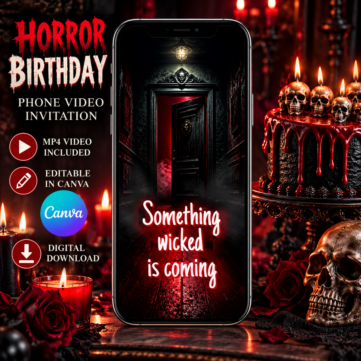 Horror birthday phone video invitation MP4 digital download editable in Canva
