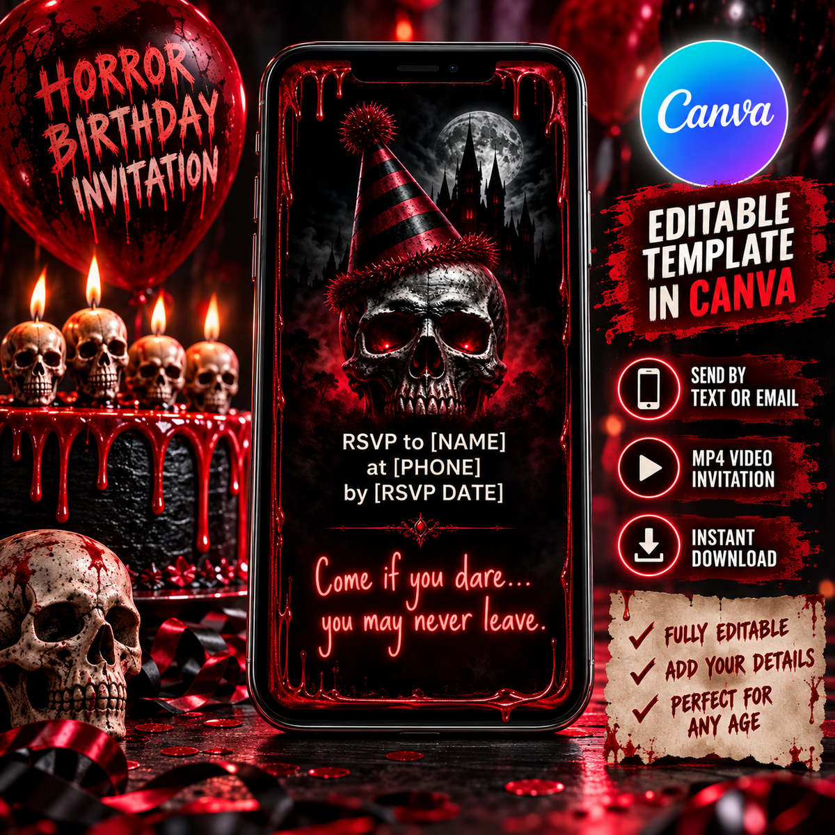 Horror birthday phone video invitation RSVP scene editable in Canva and shareable by text or email