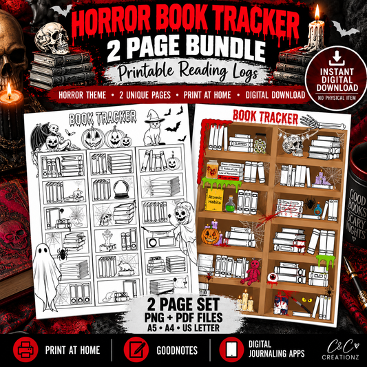 Horror Book Tracker Journal 2 page bundle printable digital reading logs PNG PDF A5 A4 US Letter for Goodnotes and digital journaling