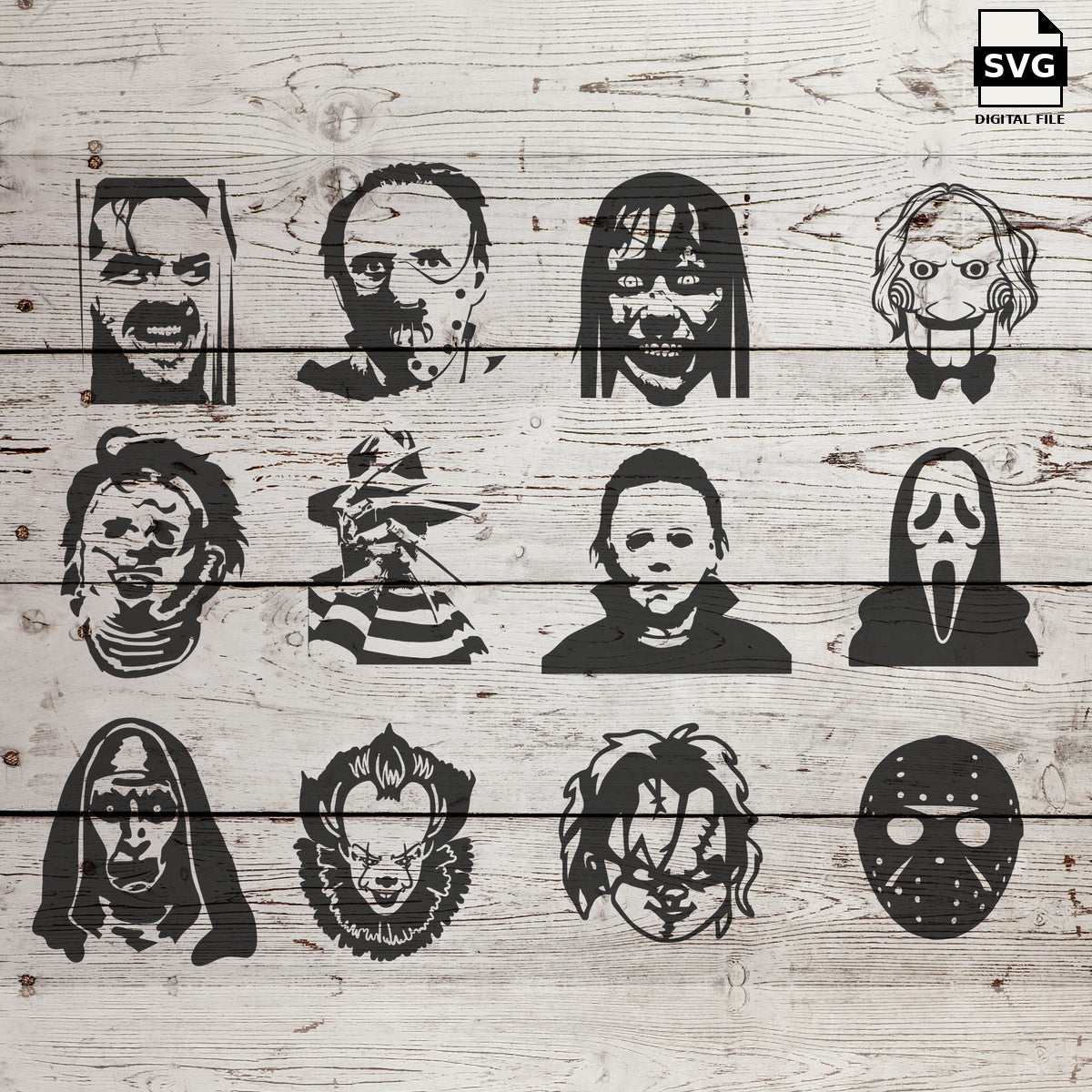 Twelve horror character SVG designs displayed on whitewashed wood, with an SVG digital file badge.