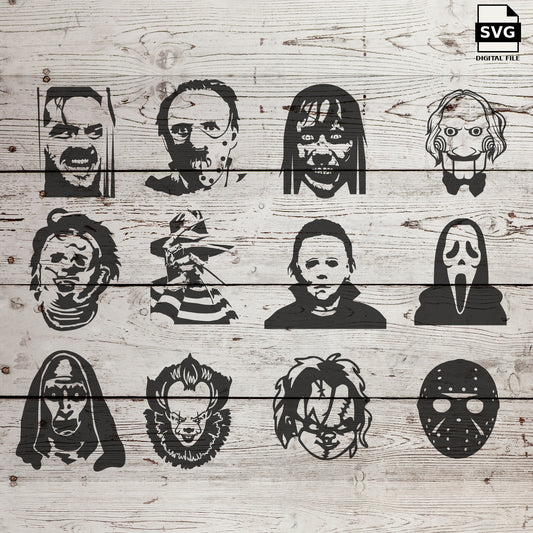 Twelve horror character SVG designs displayed on whitewashed wood, with an SVG digital file badge.