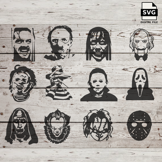 Twelve horror character SVG designs displayed on whitewashed wood, with an SVG digital file badge.