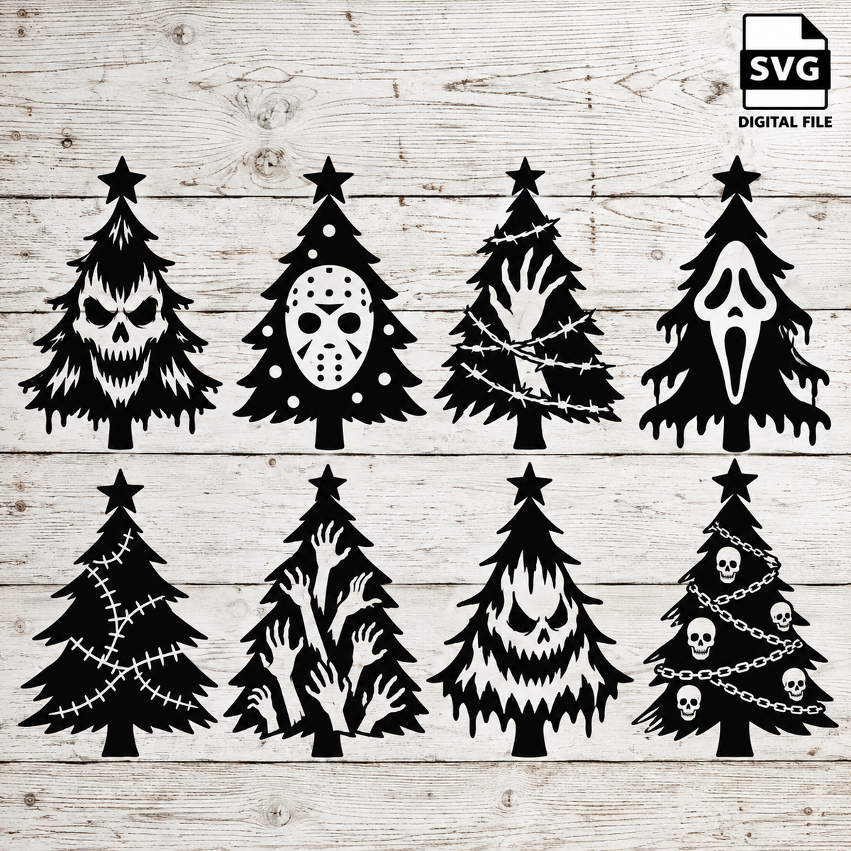 Horror Christmas Trees SVG digital file design on whitewashed wood with SVG Digital File badge in the top-right corner.