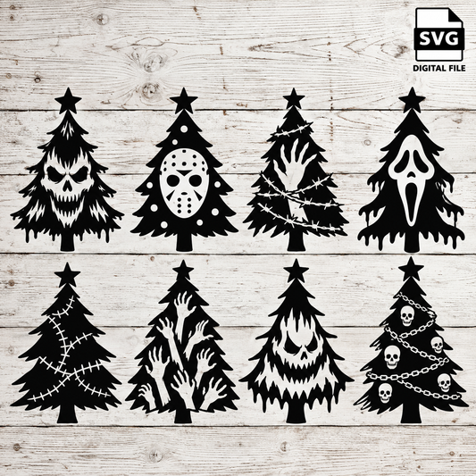 Horror Christmas Trees SVG digital file design on whitewashed wood with SVG Digital File badge in the top-right corner.