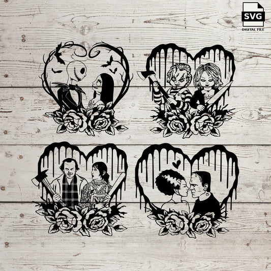 Horror couples framed by hands, hearts and roses. SVG digital download preview.