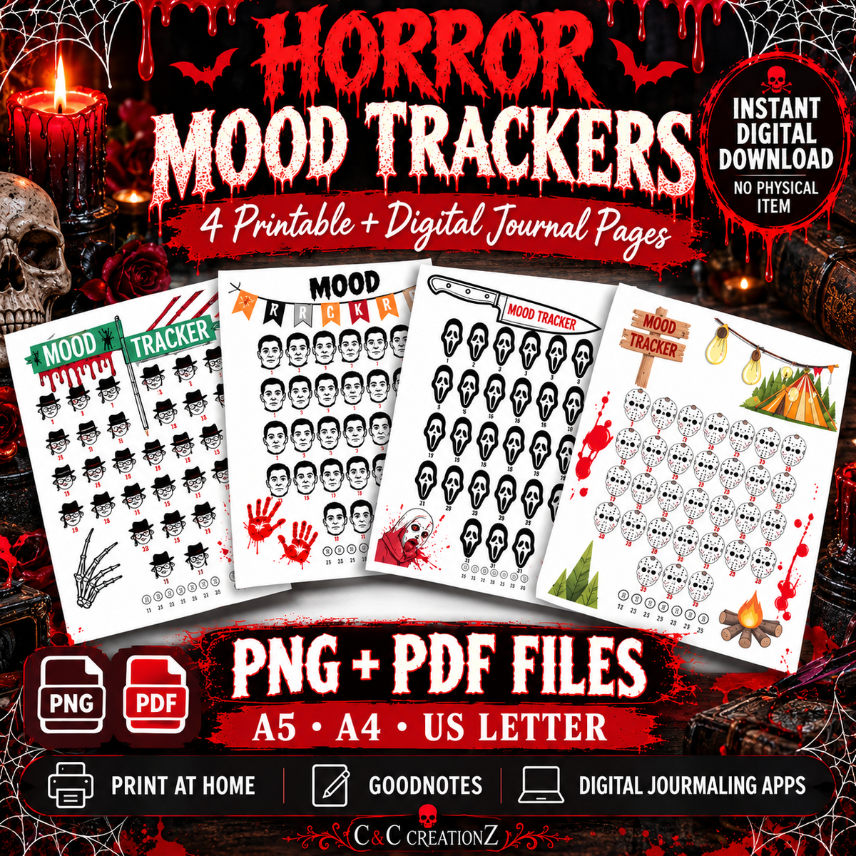 Horror mood tracker printable and digital journal pages PNG PDF A5 A4 US Letter for Goodnotes